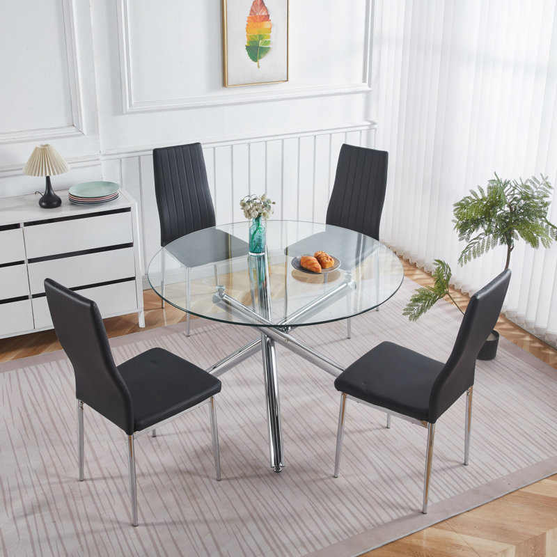 Ensemble de salle à manger 5 pièces, table de salle à manger à pieds en métal pour 4 à 6 personnes avec plateau en verre, table de salle à manger à piédestal, table basse de loisirs