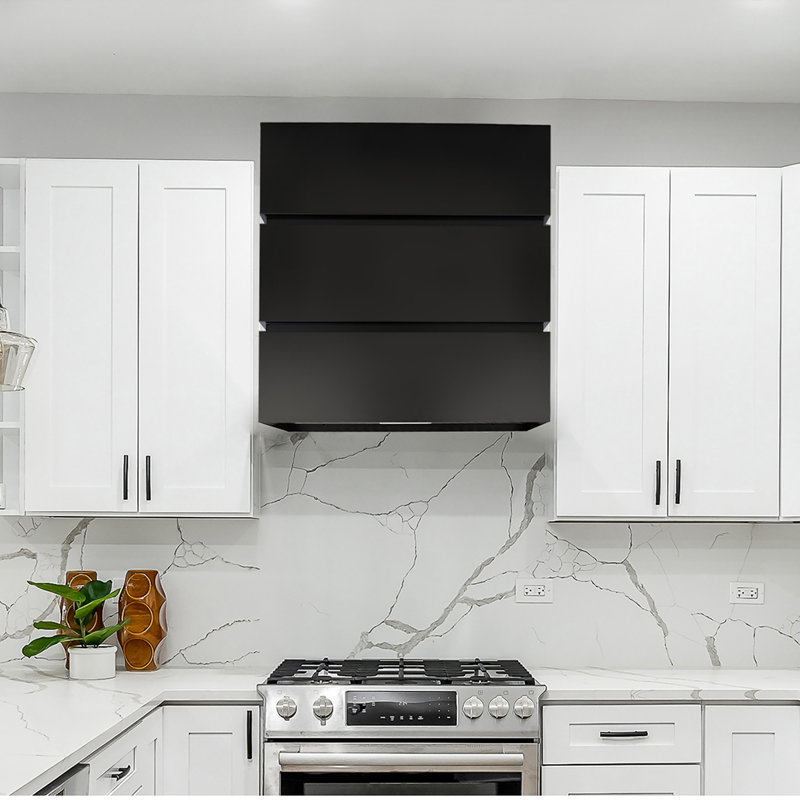 Jet Black Stainless Steel Wall Mount Range Hood with Charcoal Filter