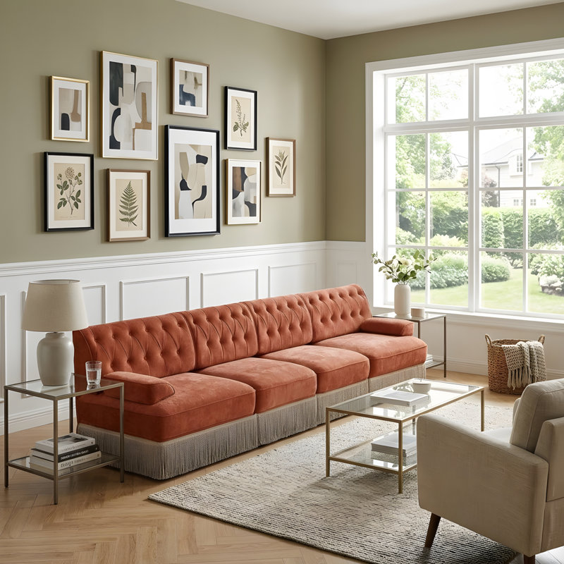 Canapé de style Chesterfield, H 34,18 po x l 135,58 po x P 33,78 po, Rouge