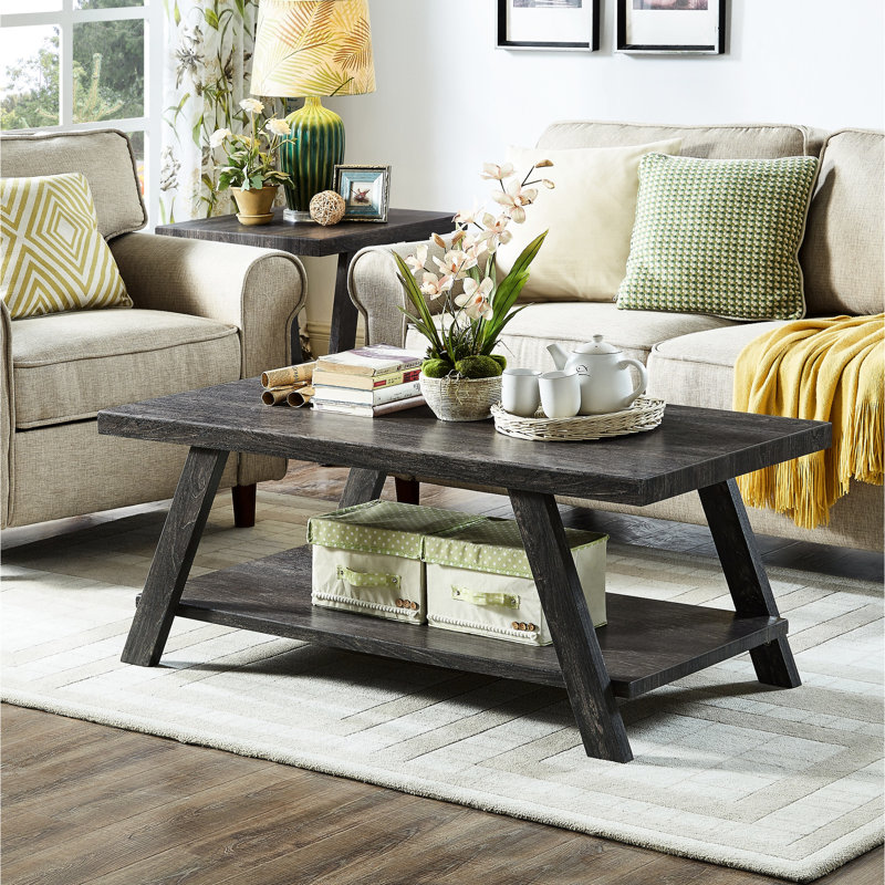 Contemporary Wood Coffee Table, Extra Shelf Storage And Wide-angled Leg Accent Replicated With Legs For Enhanced Space