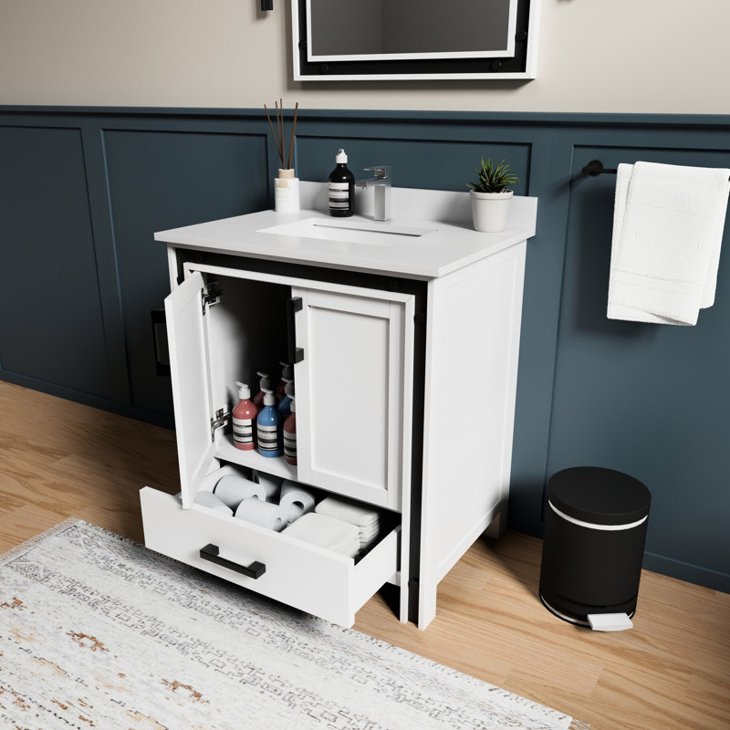Meuble-lavabo de comptoir blanc en quartz 30 po X P 22 po - Bois massif, fermeture en douceur, résistance aux égratignures et aux taches, armoire intérieure et tiroir de rangement, installation d'un seul robinet possible avec le dessus