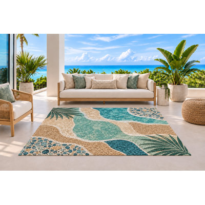 Tapis d'extérieur 5 pi x 7 pi avec mosaïques côtières avec accents de feuilles de palmier, tapis à boucle en PVC imperméable, tapis à séchage rapide robuste pour porche