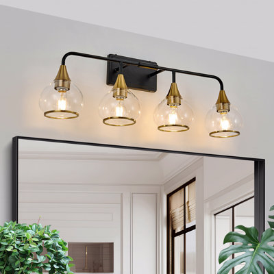 Applique murale pour salle de bain 4 lumières noire et laiton avec abat-jour en verre transparent, applique murale E26