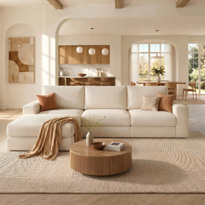 Boneless L-Shape Sectional Couches, Sofa And Ottoman Set, 34.6" H x 120" W x 80" D, 4, White