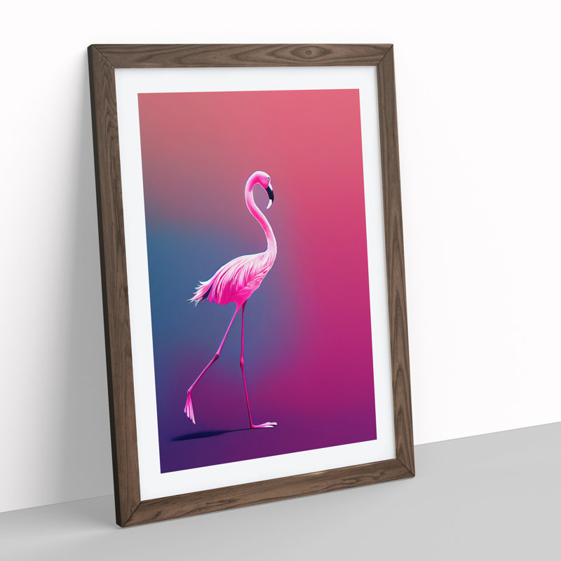 Strolling Flamingo - Single Picture Frame Print, 46cm H x 34cm W x 2cm D, Walnut