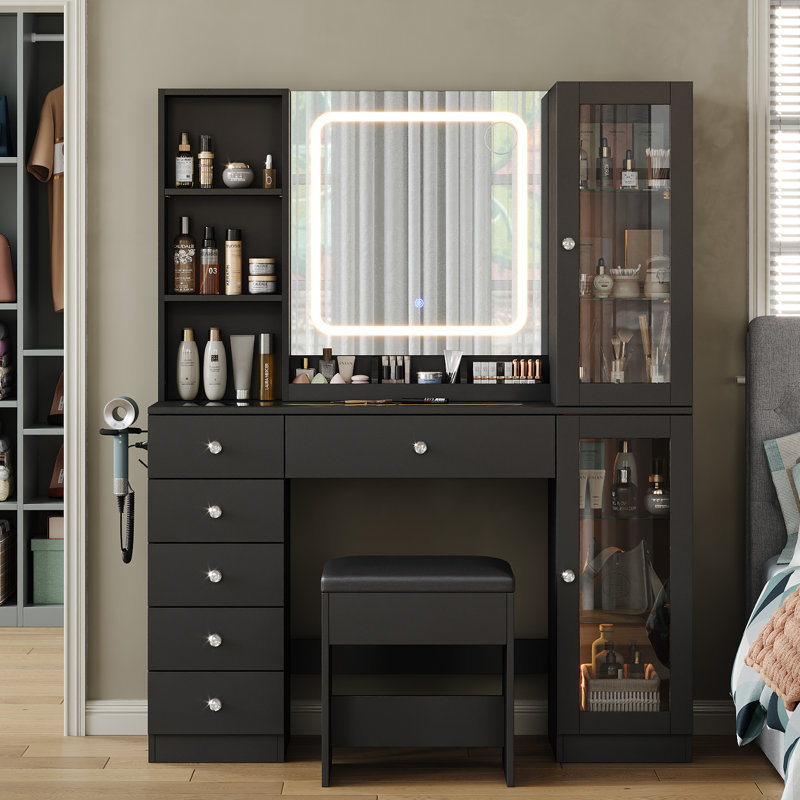 Makeup Vanity With LED Mirror & 2 Cabinet, 6 Drawers Vanity Desk With Power Outlet, 3 Color Modes, Brightness Ajustable, Glass Top And Storage Box, Dressing Table With Chair For Bedroom
