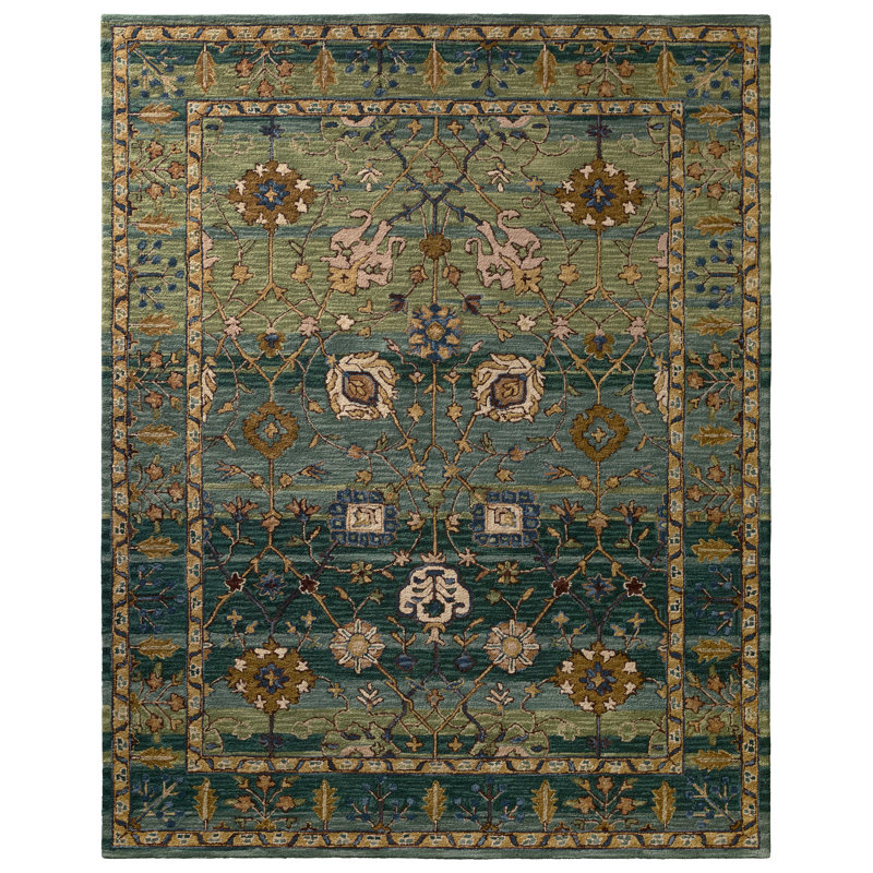 Tapis vert / brun clair / bleu en laine touffeté à la main Corla, Rectangle 12 pi x 15 pi