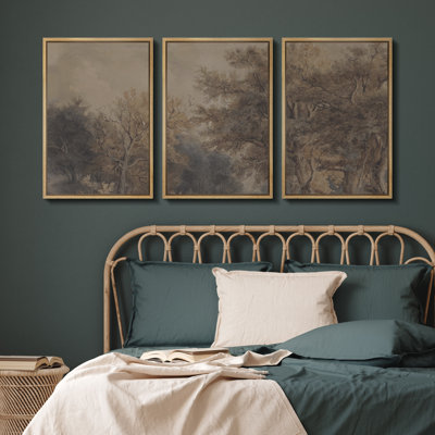 «Vintage Forest Landscape», ensemble de 3 reproductions d'art sur toile, décor de scène de nature antique pour la bibliothèque ou les intérieurs traditionnels