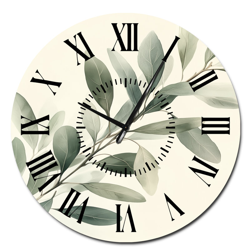 Horloge murale moderne en métal silencieux, motif branche d'eucalyptus doux, imprimée sur métal, Surdimensionné