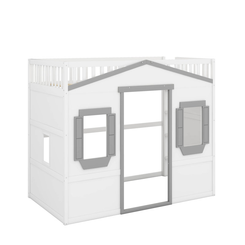 Twin House Loft Bed With Ladder, White/Gray