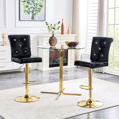 Modern Bar Table and Stools Set, Round Glass Top Pub Table with Gold Chrome Base & 2 Black Crocodile Embossed PU Leather Bar Stools with Adjustable Height & Swivel, Home Bar Bistro Set