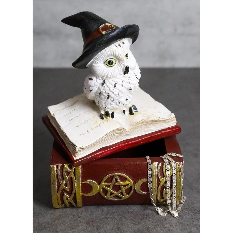 Chouette des neiges blanche avec chapeau de sorcière assis sur une boîte à bijoux