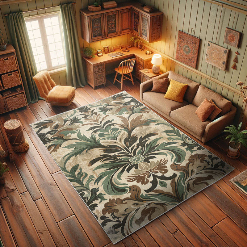 Bohemian Leafy Damask Beige and Green Synthetic Area Rug