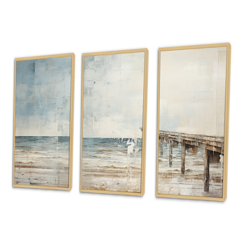 Rembert - ensemble d'art mural en toile Coastal Pier, H 28 po x l 36 po x P 1 po, Cadre naturel flottant