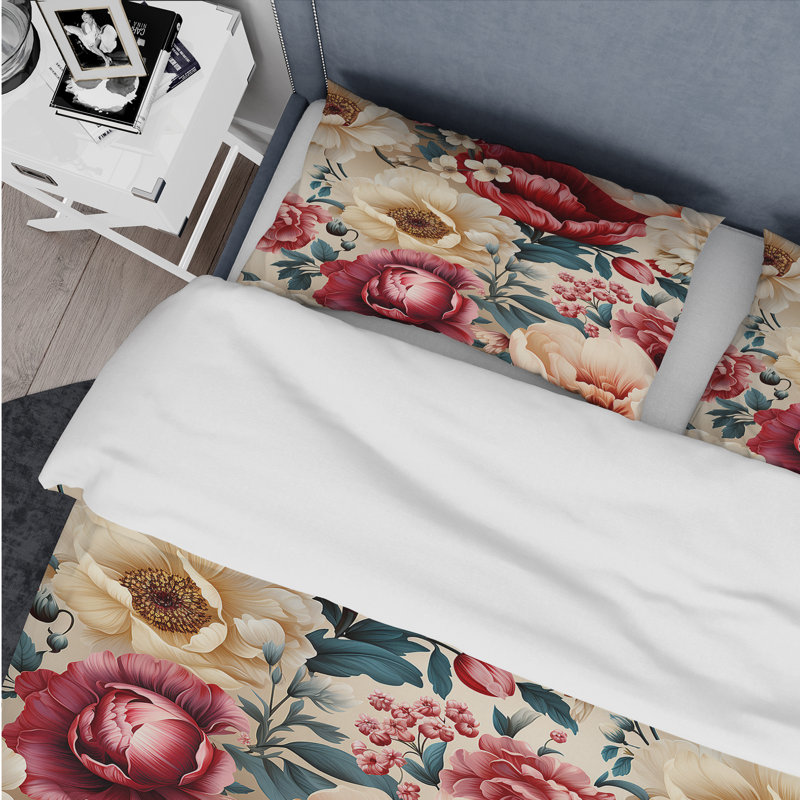 Ensemble de housse de couette à motif floral ivoire et rouge boho Mauri, Housse de couette simple + 1 taie décorative stan