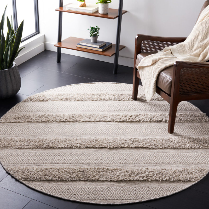 Tapis rayé en laine / coton tissé à la main Vermont beige / gris, Rond 6 pi