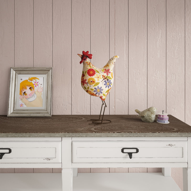 Statue de jardin en forme de coq en métal pour l'intérieur et l'extérieur avec pieds en U, Blanc