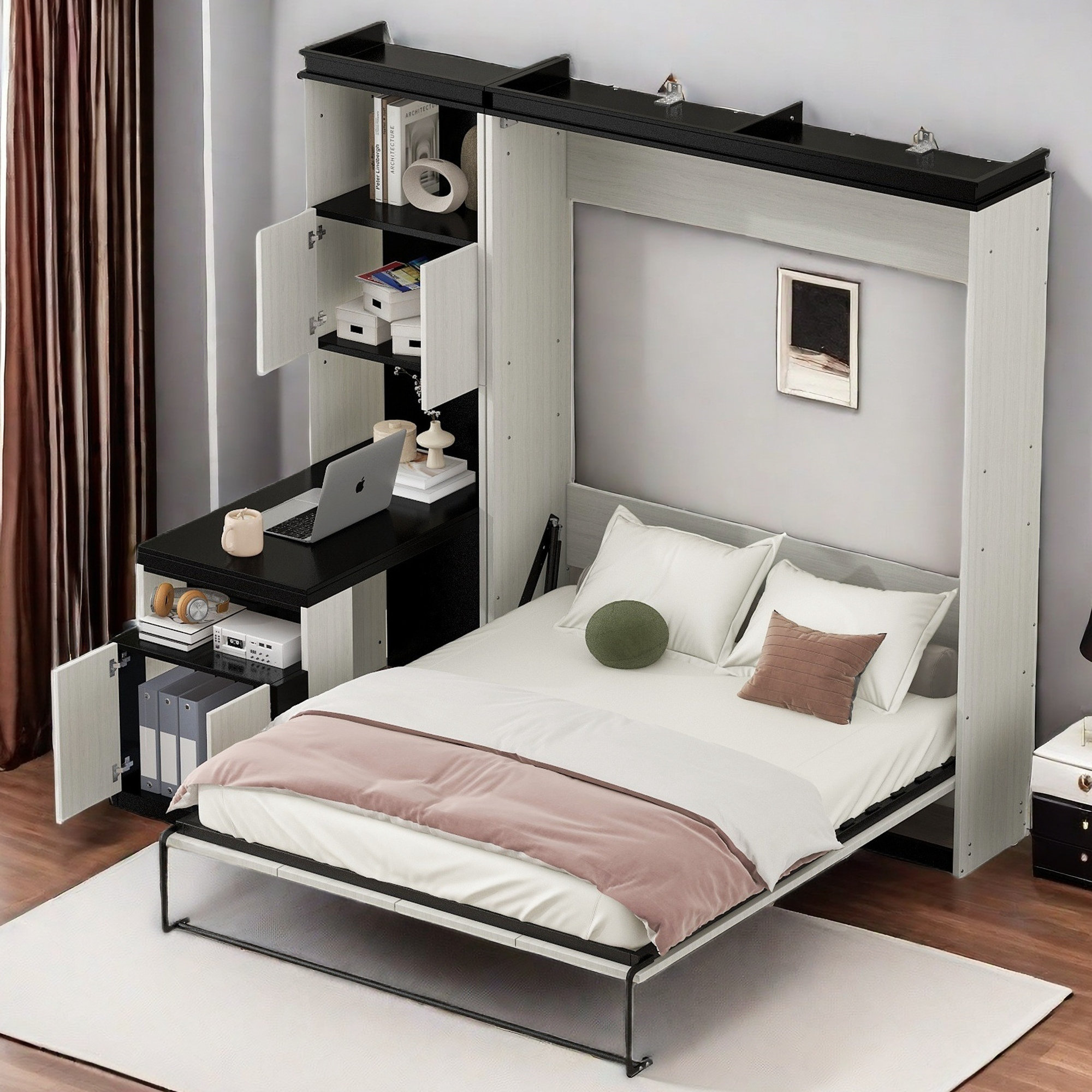 Hokku Designs Modern Murphy Bed With Desk, Storage Shelves And