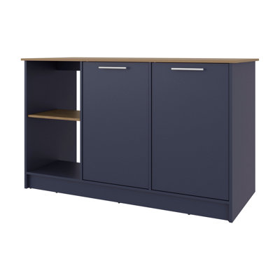 Blue And Natural Oak Kitchen Island With Storage Cabinet And Open Shelves