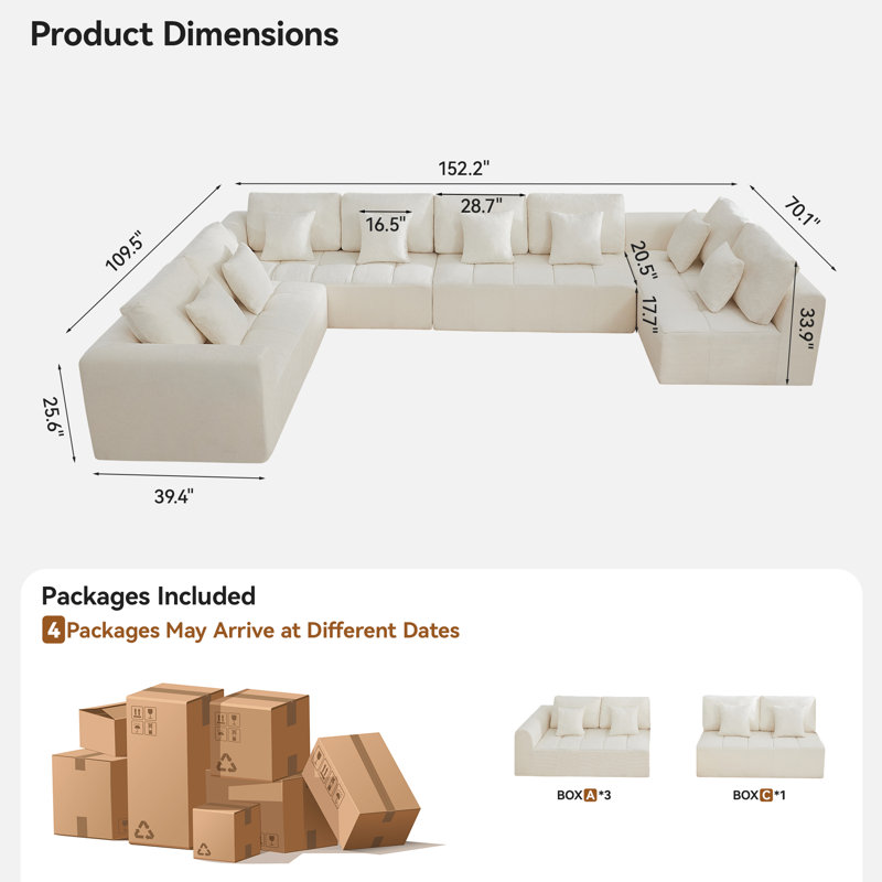 Boneless 152.2’’ Oversized Sectional Sofa, Modular Compressed Cloud Couch with Memory Foam, No Assembly Needed
