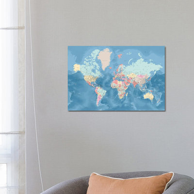 Detailed World Map With Cities In Pastel Colors, Vickie- Gallery-Wrapped Canvas Giclée