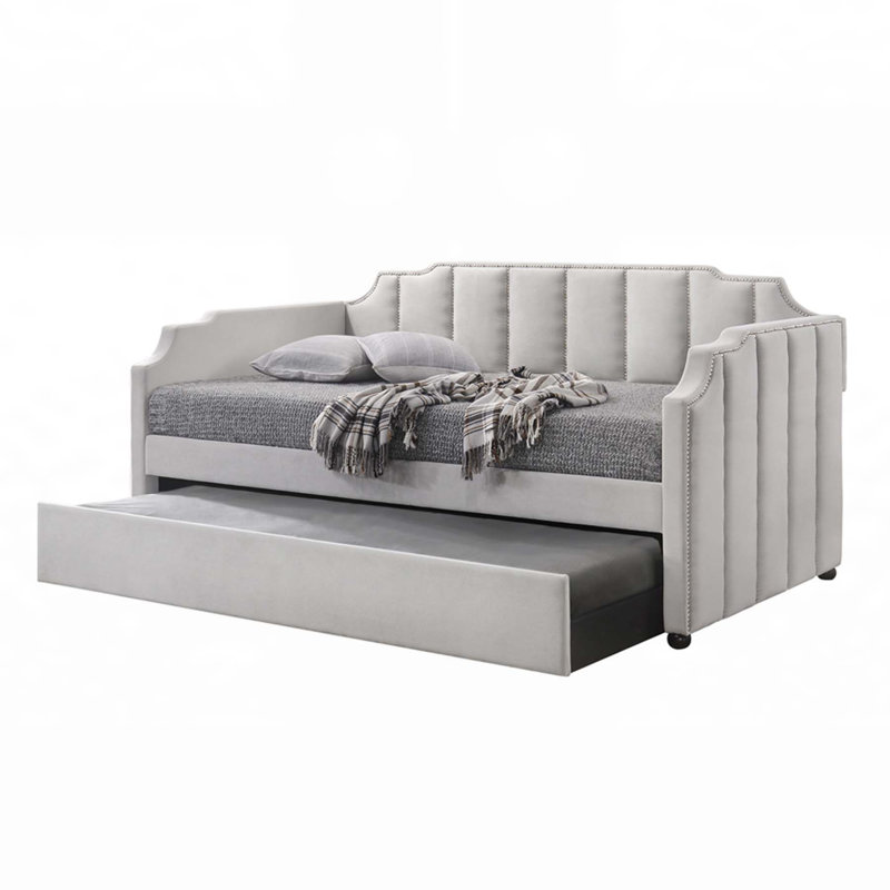 Peridot Dove Gray Velvet Daybed with Trundle, Arched Design and Horizontal Tufting for Elegant Comfort and Space Efficiency