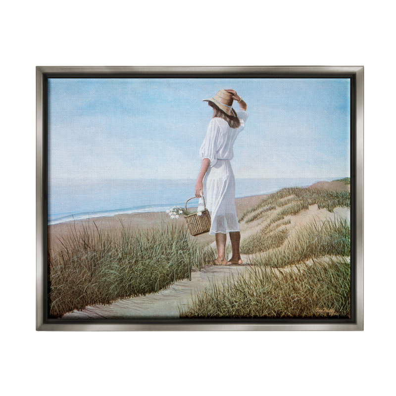 Femmes admirant la vue paisible sur la plage par Tom Mielko - Peinture, H 17 po x l 21 po x P 1,7 po