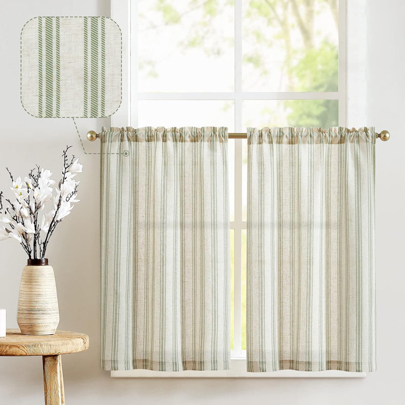 Kitchen Curtains Striped Tier Cafe Curtains Farmhouse Small Curtains, 26" W x 36" L, Green on Beige