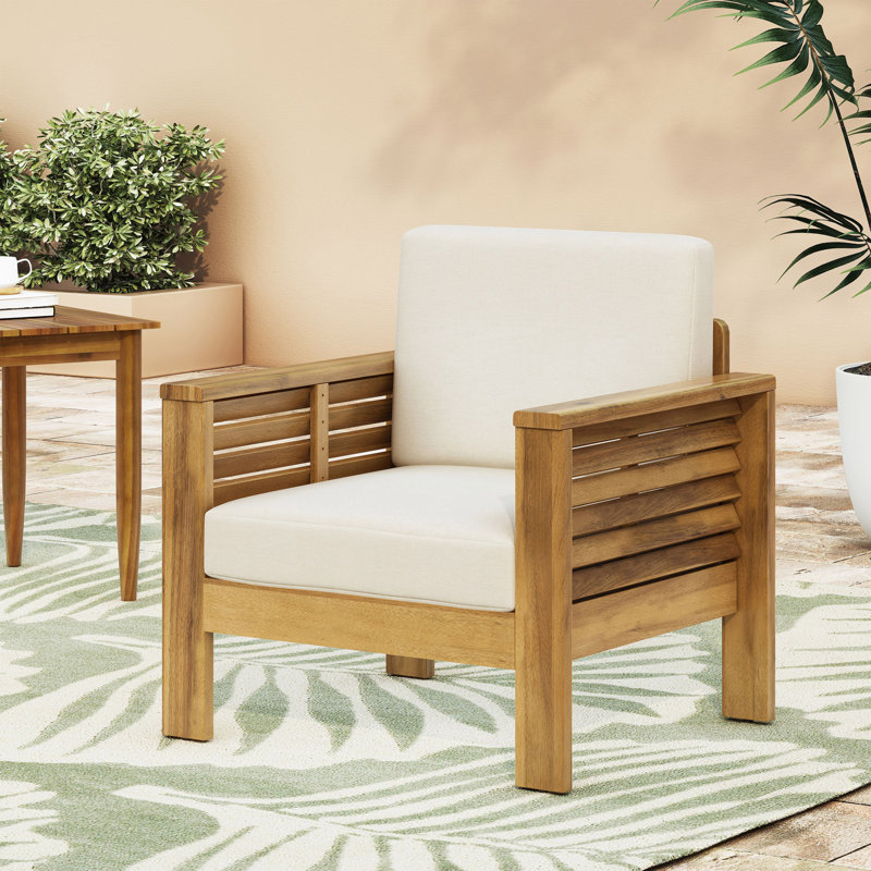 Fauteuils club d'extérieur en bois d'acacia avec coussins, Beige