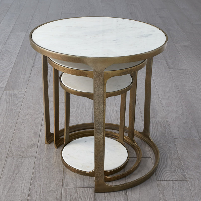 3 Piece Marble Top Nesting Table Set-Brass