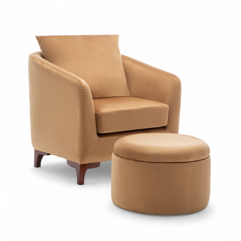 Upholstered Barrel Chair with Footstool, Yellow Velvet
