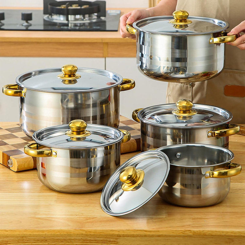 10 Piece Stainless Steel Cookware Set Cooking Pots & Pans, Silver/Gold