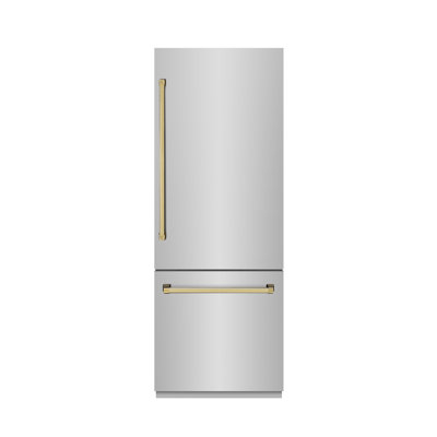 ZLINE Autograph Edition 30 in. 16.1 cu. ft. Built-In Bottom Freezer Refrigerator with Water Dispenser and Ice Maker in Satin Stainless Steel with Graphite Grey Interior