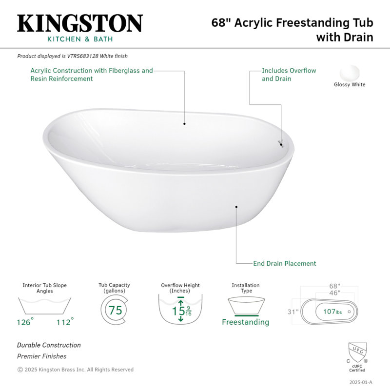Baignoire autoportante ovale en acrylique 68 pouces Kingston Eden
