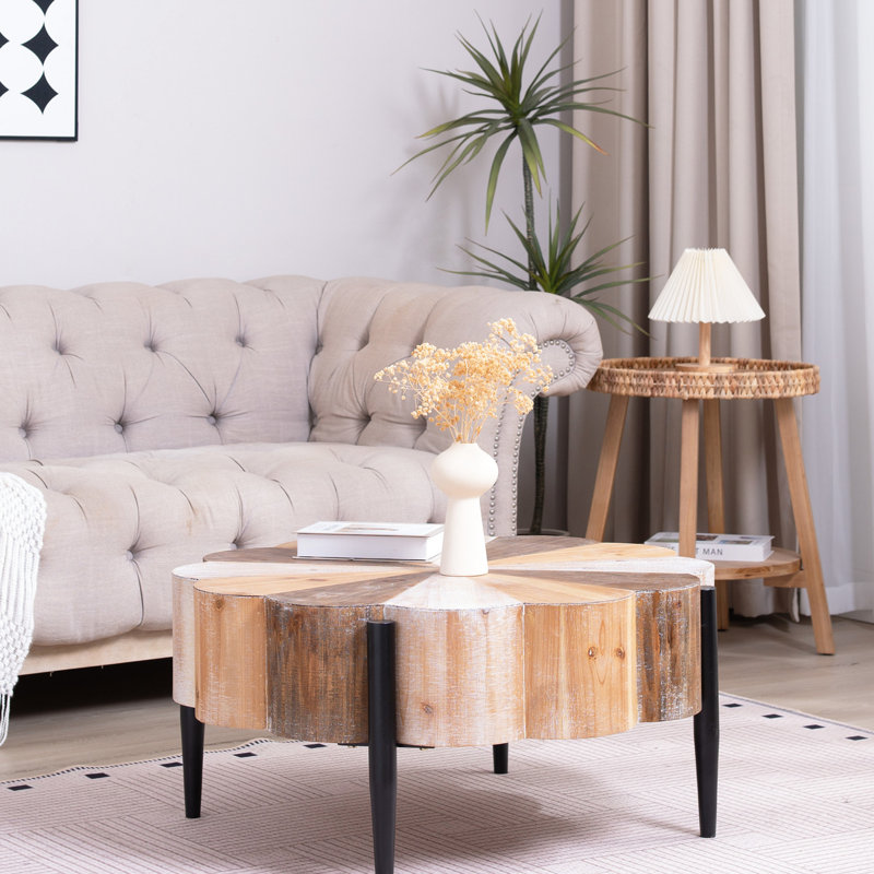 Table basse en forme de fleur rustique, 31,7 po de diamètre, fabriquée en bois manufacturé avec des pieds en métal pour le décor du salon