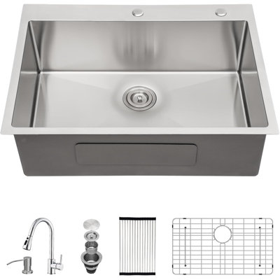 Drop In Kitchen Sink with Faucet Combo Sink with Ledge & Pull-Out Faucet Single Bowl 16 Gauge T304 Stainless Steel Handmade Modern Deep Kitchen Sink (Brush Nickle, 28x22)