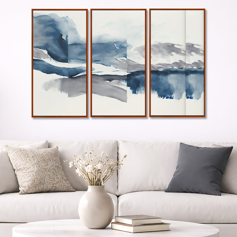 «Through The Sapphire Blue Clouds I», reproduction sur toile 3 pièces, H 28 po x l 36 po, Cadre flottant brun