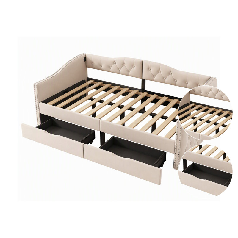Lit de jour rembourré avec tiroirs de rangement, taille simple en bois, aucun sommier nécessaire, gris élégant