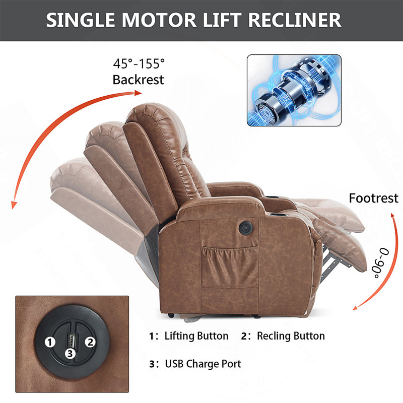 Infinite Position Power Lift Recliner Chair For Elderly, Heavy Duty Motion Mechanism With 8-Point Vibration Massage And Lumbar Heating, USB Charging Port, Cup Holders
