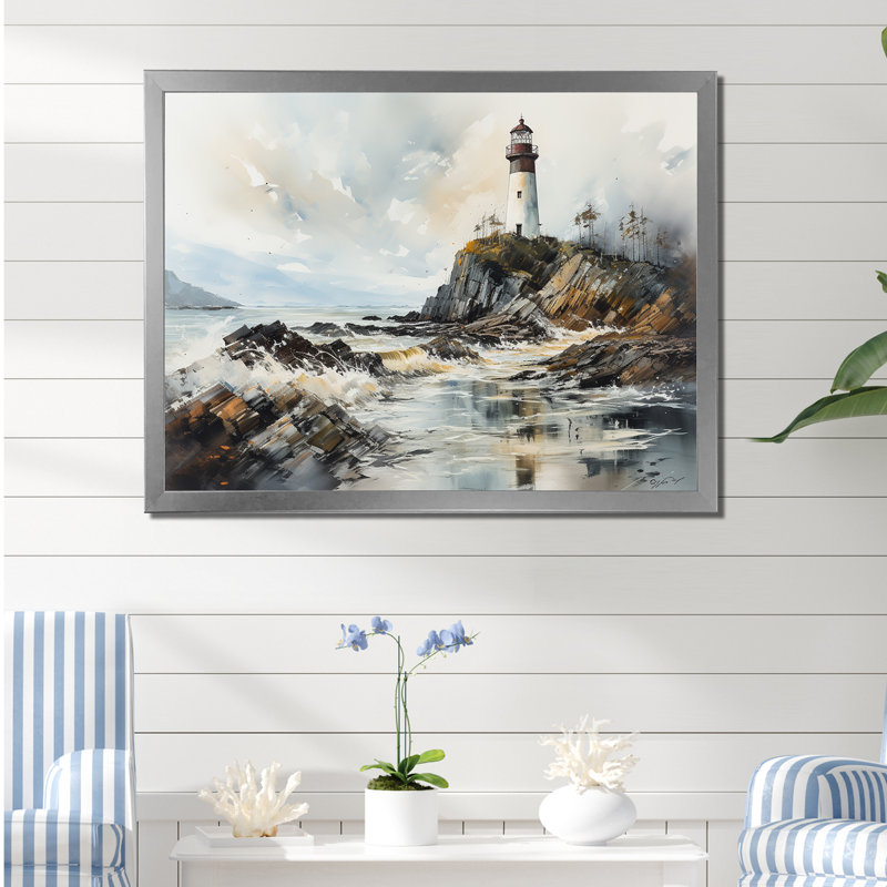 «Coastal Light House Scenery Minim 8E23Fffd», reproduction sur toile, Cadre de coin argenté fermé, H 16 po x l 32 po x P 1 po