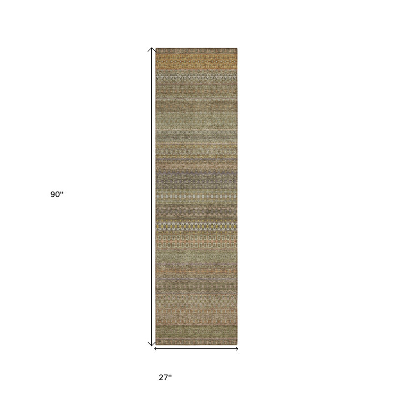 8' Runner Khaki Striped Washable Non Skid Indoor Outdoor Runner Rug
