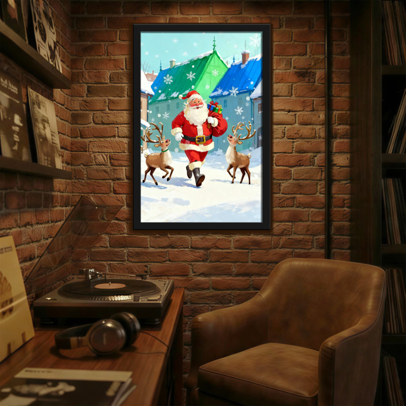 Père Noël avec des rennes dans la ville enneigée, H 36 po x l 24 po
