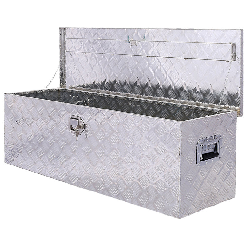Boîte à outils en aluminium 48 pouces, boîte à outils pour camion robuste, boîte à outils de rangement pour remorque extérieure, organisateur de rangement pour véhicule récréatif, coffre inférieur avec clés de verrouillage, argent 48 x 15 x 15 pouces
