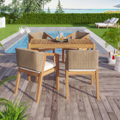 Ensemble de 5 chaises d'extérieur en bois d'acacia, 1 table et 4 chaises, teck et beige