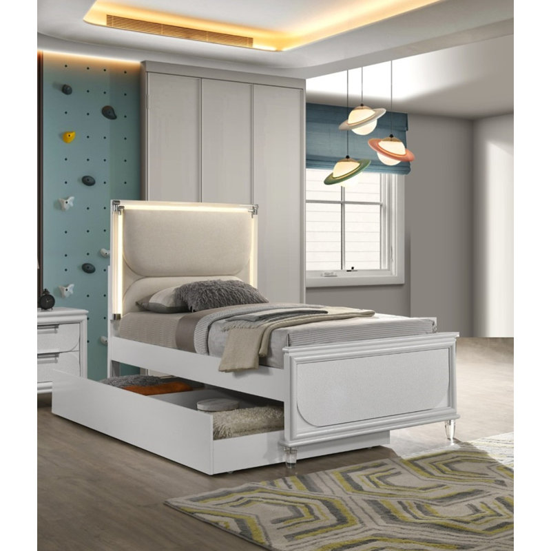 Lit double tapissier contemporain blanc perle Glam, Double