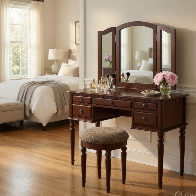 Ensemble de coiffeuse 3 pièces avec tabouret rembourré Enay, miroir, 5 tiroirs, brun cerise, Brun cerisier