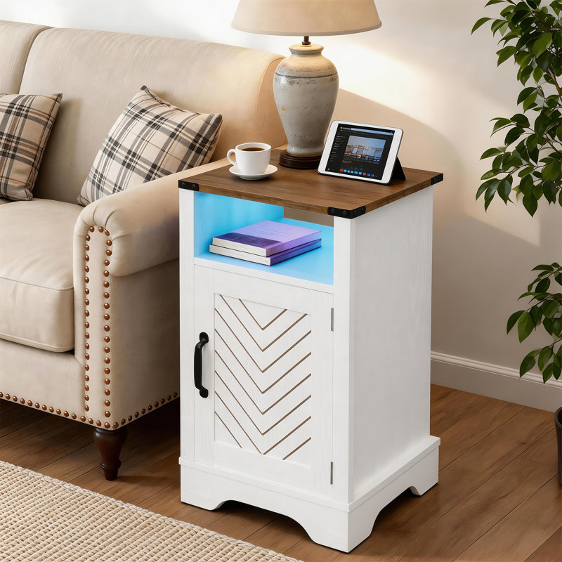 Table de chevet avec station de charge Milaun Led, blanc et chêne rustique, Individuel