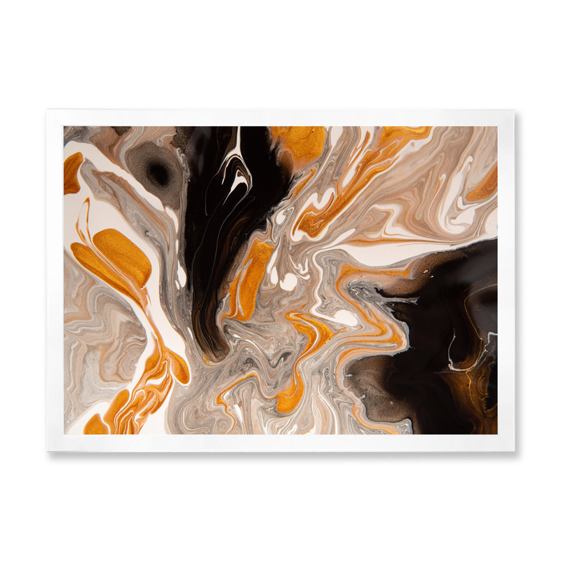 Orange et vagues de marbre noir III - peinture sur toile, H 34 po x l 44 po x P 1,5 po, Cadre d'angle fermé blanc