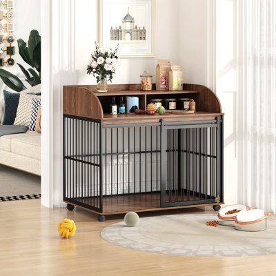 Grand meuble pour cage de chien avec roues verrouillables, chenil pour chien, cage de table de bout avec rangement à 2 couches