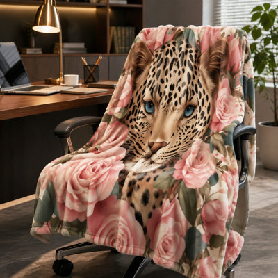 Leopard Rose Print Throw Blanket, Artistic Animal Flower Design Cozy Blanket for Sofa Couch Bedroom Living Room Home Decoration